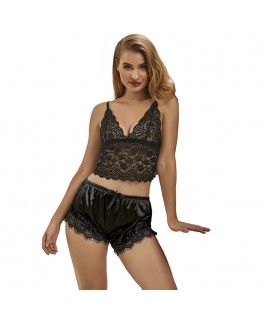 SUBBLIME - 953942 VESTAGLIA DA NOTTE CASUAL IN SETA + PANTALONI IN PIZZO NERO L/XL