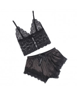 SUBBLIME - 953942 VESTAGLIA DA NOTTE CASUAL IN SETA + PANTALONI IN PIZZO NERO L/XL