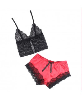 SUBBLIME - 953959 CAMICIA DA NOTTE CASUAL IN SETA + PANTALONI IN PIZZO NERO/ROSSO S/M