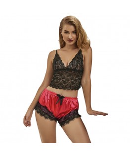 SUBBLIME - 953966 VESTAGLIA DA NOTTE CASUAL IN SETA + PANTALONI IN PIZZO NERO/ROSSO L/XL