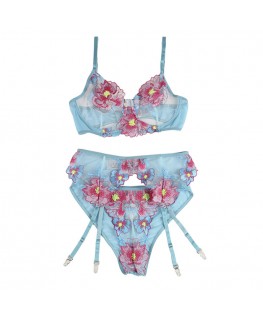 SUBBLIME - 954109 REGGISENO + SLIP CON CINTURA REGGISENO FLOREALE BLU S/M