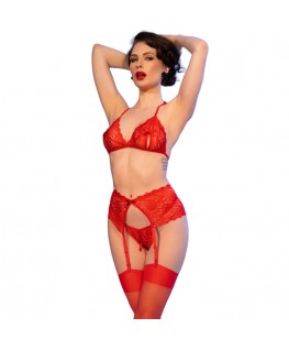 CHILIROSE - CR 4848 SET REGGISENO + PERIZOMA + CALZE IN PIZZO ROSSO XL