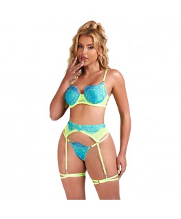 SUBBLIME - 955328 COMPLETO REGGISENO CON PIZZO E LINEE GIARRETRICI VERDE E BLU L/XL