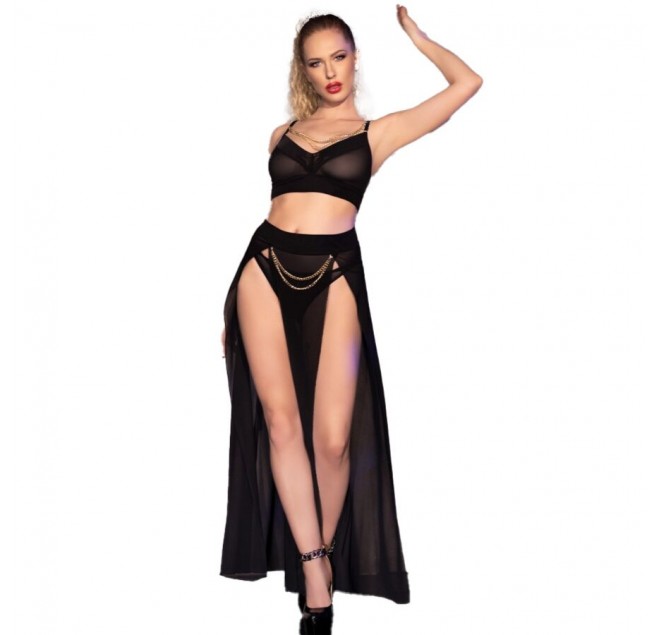 CHILIROSE - CR 4672 GONNA TOP NERA E PERIZOMA CON CATENE ORO XL
