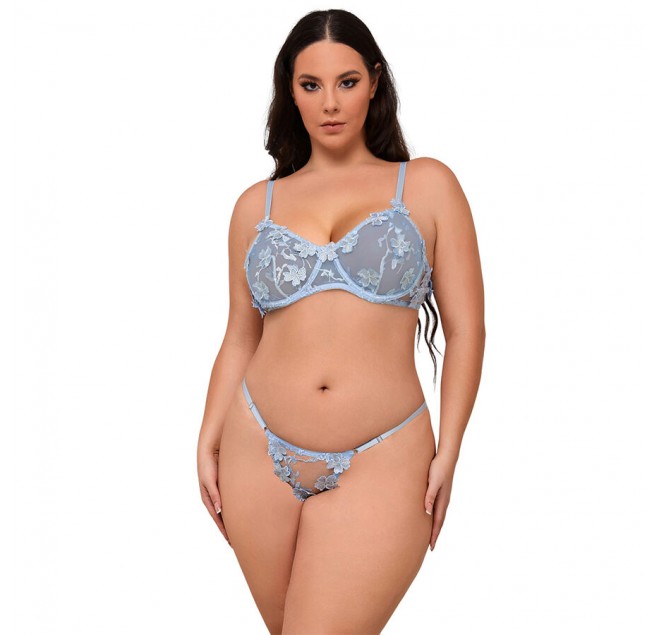 SUBBLIME - 957636 COMPLETO REGGISENO E SLIP RICAMATI A FIORI AZZURRO CIELO L/XL