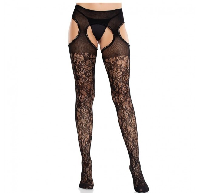 LEG AVENUE - CALZE IN PIZZO FLOREALE CON GIARRETTIERE UNITED BLACK