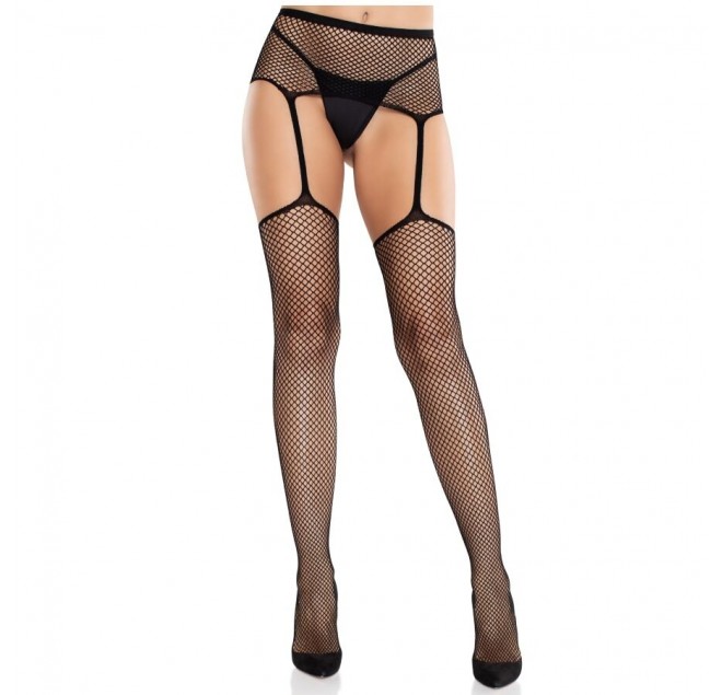 LEG AVENUE - CALZE IN PIZZO CON CROCE E CINTURA REGGICALZE NERE