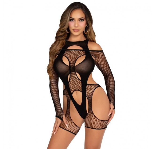 LEG AVENUE - BODYSTOCKING A RETE CON CINTURA E IMBRACATURA NERA
