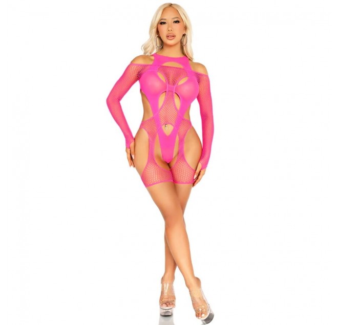 LEG AVENUE - BODYSTOCKING A RETE CON CINTURA E IMBRACATURA ROSA NEON