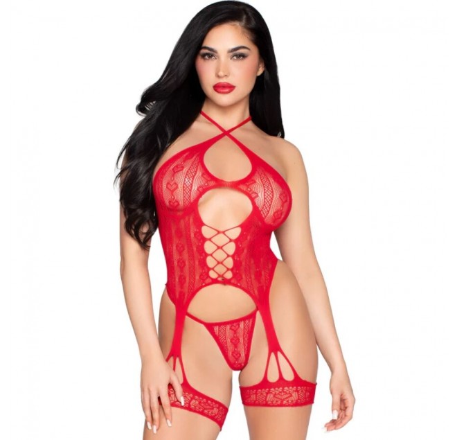 LEG AVENUE - 89338 BODY APERTO IN PIZZO CON CINTURINO E PERIZOMA ROSSO - TAGLIA UNICA