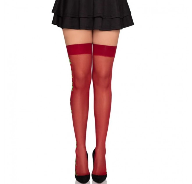 LEG AVENUE - CALZE CON CINTURA GIARRETTIERA 1957 CON FIORI ROSSI - TAGLIA UNICA