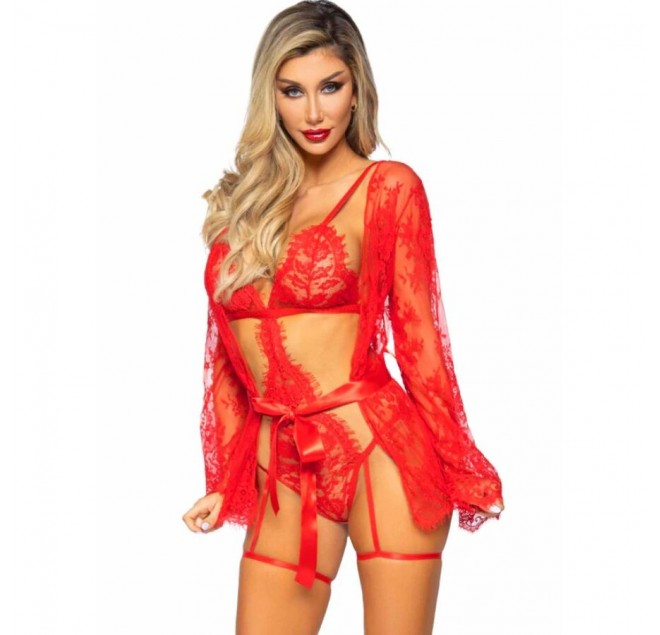 LEG AVENUE - 86123 SET VESTAGLIA TEDDY + GIARRETTIERA ROSSO TAGLIA S
