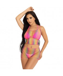 LEG AVENUE - SET TOP E PANTALONI RETE MULTICOLORE