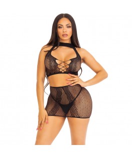LEG AVENUE - TOP E GONNA IN PIZZO APERTO NERO