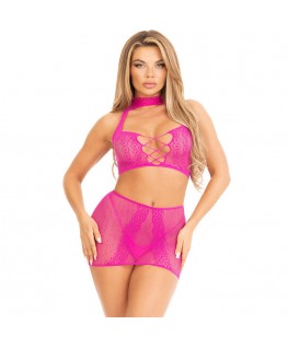 LEG AVENUE - TOP E GONNA IN PIZZO APERTO FUCSIA