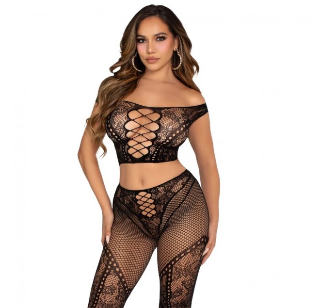 LEG AVENUE - CROP TOP E LEGGING A RETE CON SPALLE SCOPERTE NERO