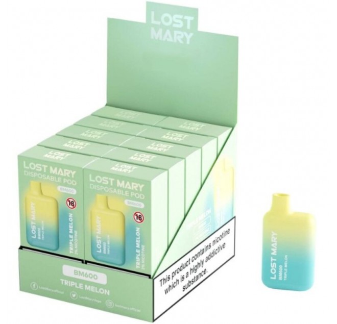 LOST MARY - (ESPOSITORE PROFESSIONALE PACK -10 UNITÀ) BM600 NICOTINA VAPER 2% MONOUSO TRIPLO MELONE