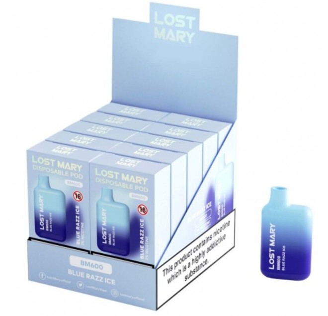 LOST MARY - (ESPOSITORE PROFESSIONALE PACK -10 UNITÀ) BM600 NICOTINA VAPER 2% MONOUSO BLUE RAZZ ICE