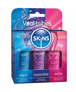 SKINS - KIT LUBRIFICANTI VITALI AQUA, SUPERSLIDE & EXCITE 3 x 12 ML SKINS - KIT LUBRIFICANTI VITALI AQUA, SUPERSLIDE & EXCITE 3 x 12 ML che trovi in offerta solo su SexyShopOnline a -35% di sconto