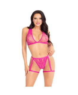 LEG AVENUE - 86148 REGGISENO E SLIP IN PIZZO CON GIARRETTIERE ROSA - TAGLIA UNICA